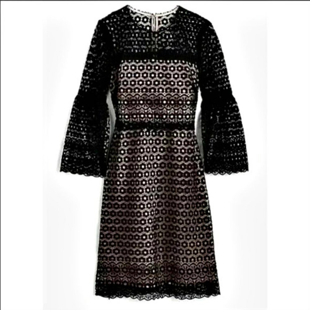 J. CREW BELL Sleeve DAISY Lace SHEATH Dress BLACK/NUDE